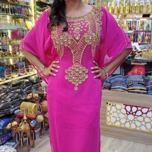 Women's pink Rhinestone Moroccan/ DUBAI KAFTANS ABAYA DRESS  FANCY LONG GOWN